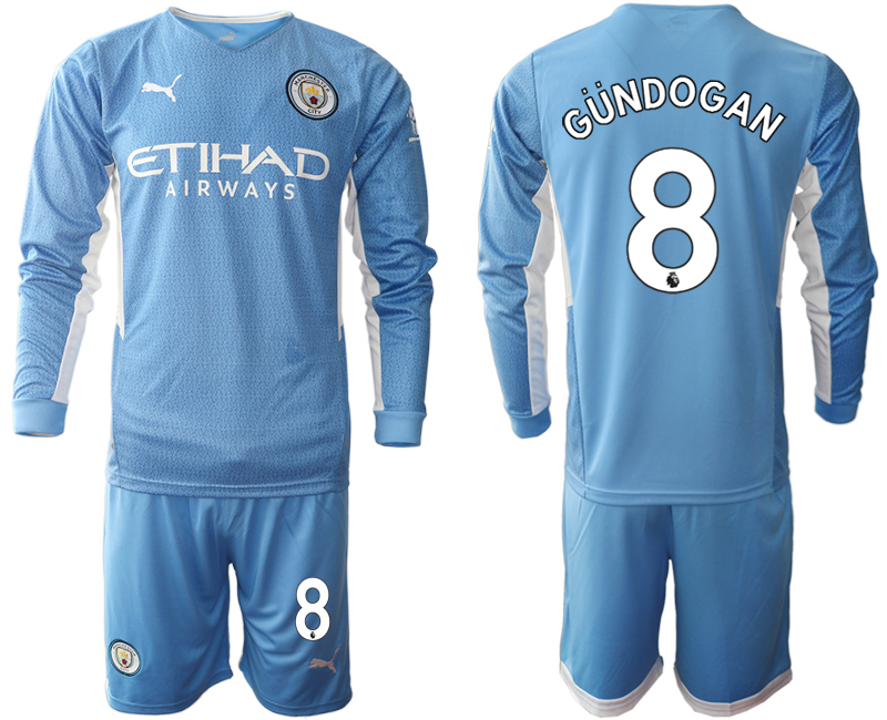 Men 2021-2022 Club Manchester city home Light blue Long Sleeve #8 Soccer Jersey